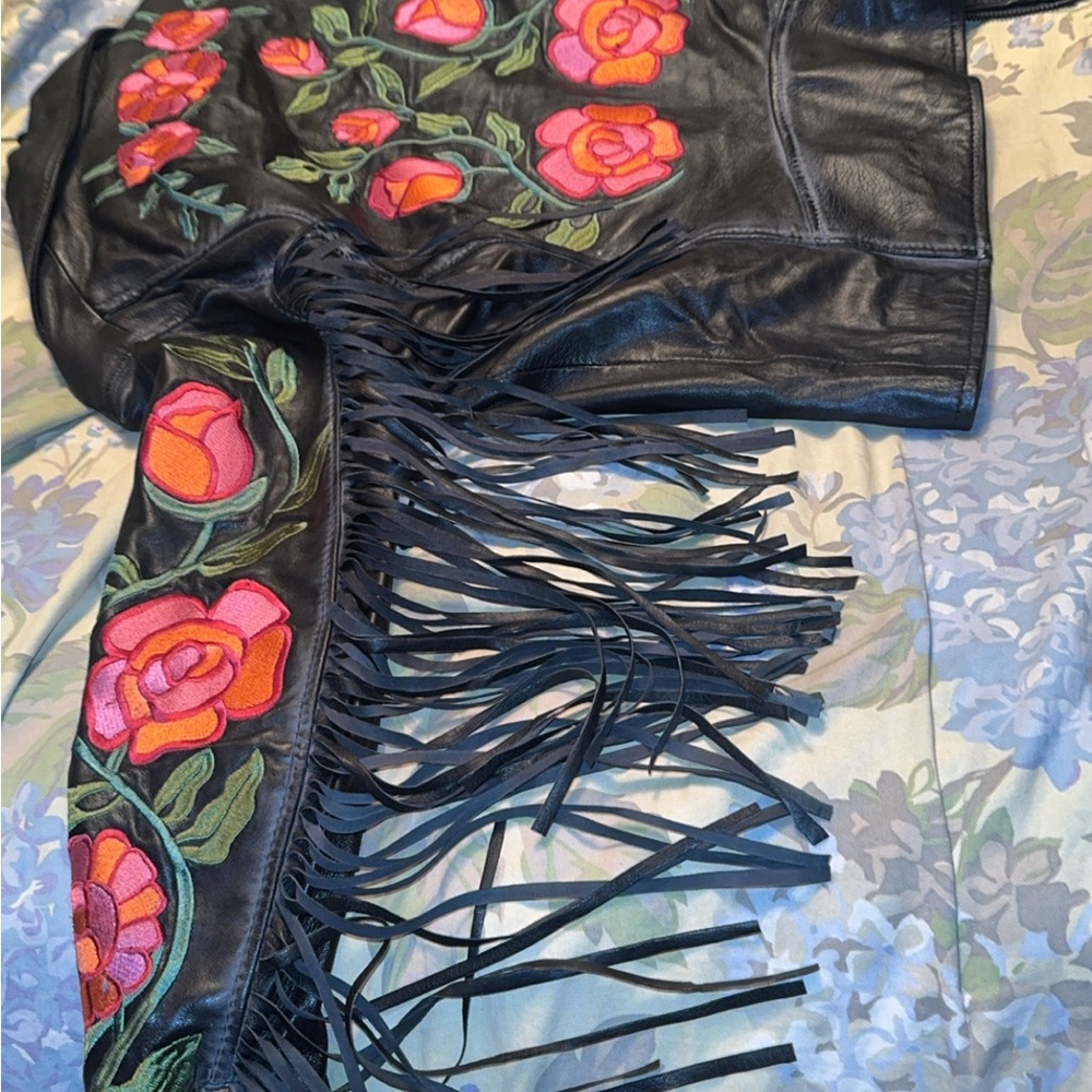 Free People Embroidered Black Leather Moto Jacket with Fringe - Floral Detail - Picture 6 of 17